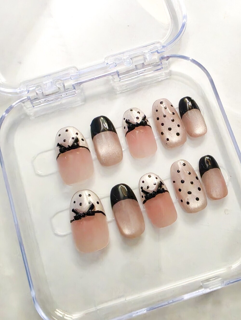 Coquette Press On Nails Small Blush Pink Black French Polka Dot Bow - Picture 8 of 8